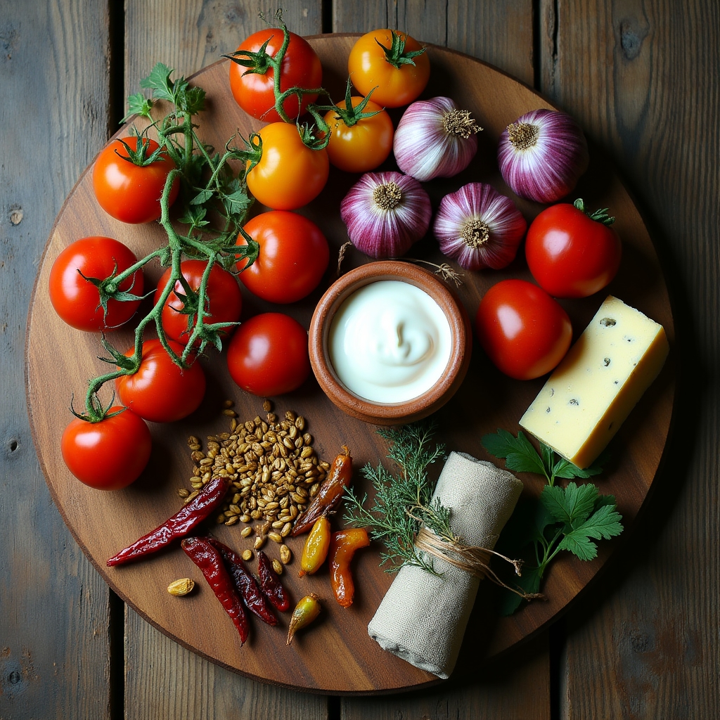 Ingrediente locale românești de sezon pe o masă rustică